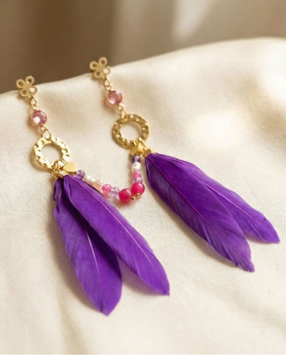 Przejdź do produktu Pozłacane Kolczyki z Piórami i Kryształem Górskim