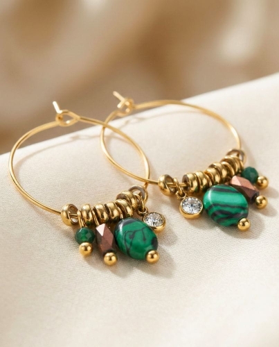 Przejdź do produktu Kolczyki Hoop z Malachitem i Kryształem Górskim